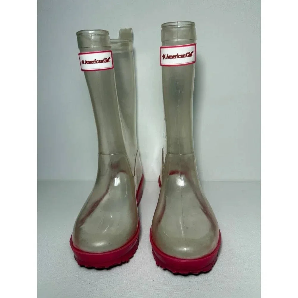 American Girl Wellie Wishers Willa Clear and Pink Rain Boots Girls Sz 12 EUC
